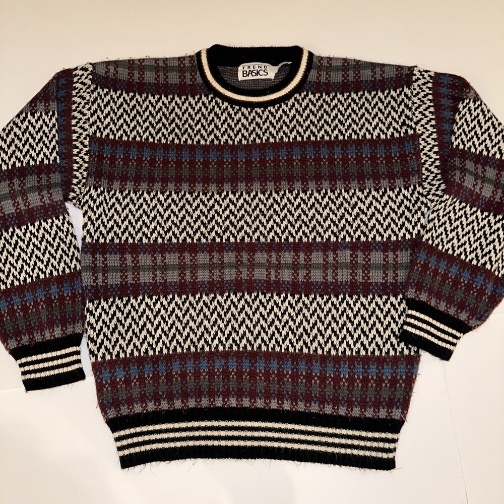 Trend Basics Vintage Mens Large Pattern Knit Crewneck Sweater Burgundy Blue 90s